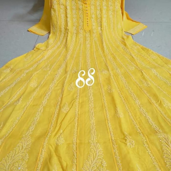 Haldi Yellow anarkali Kurti Cotton dress fine Lucknow chikan work Pakistani Indian suit, full sleeve partywear Xmas gift uk size 12 /14 gown