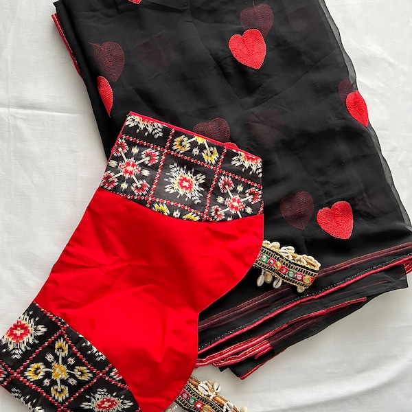 Red and black georgette saree with heart design matching blouse piece  figure flattering  style saree. Indian saree. Stitched blouse options
