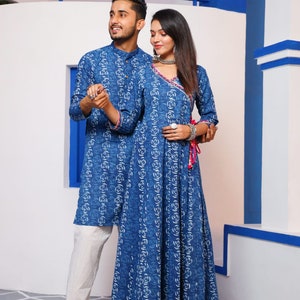 Hand block printed Cotton readymade long anarkali for weddings navratri Dandiya, dance Matching mens kurta, couple combo preorder only