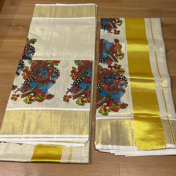 Kerala tissue settu mundu, single golden kasavu mundu with broad golden kasavu and mural Krishna painting for border, onam. Next day deliver