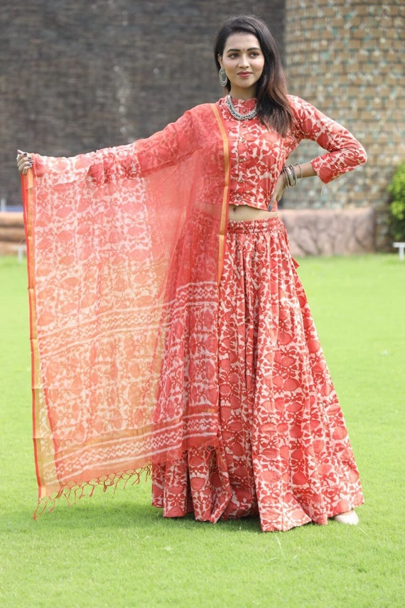 Pure Cotton Lehenga Set Orange and Green Color in Bagru and Kalamkari Print Ghagra Choli for Dandiya Dance Navratri hand Block Print Etsy Canada