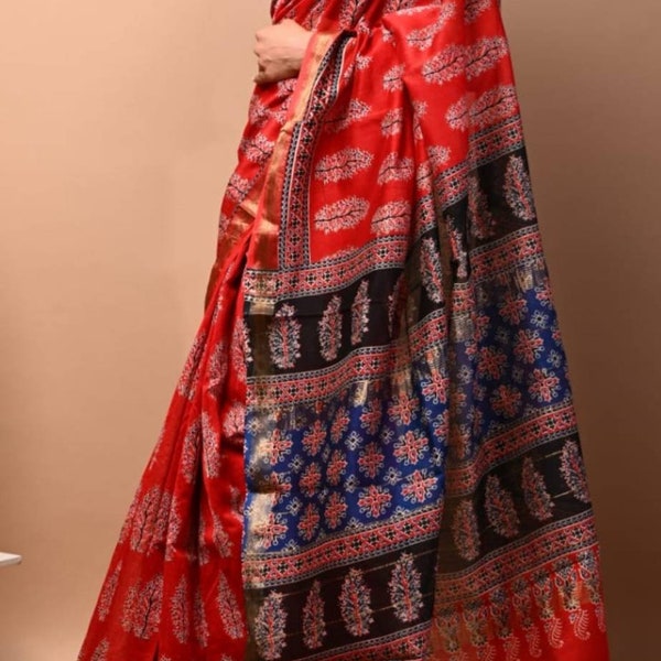 Ajrakh print red Chanderi cotton silk saree, red, green, purple saree with hand block print, hand made saree for evening party, casual wear