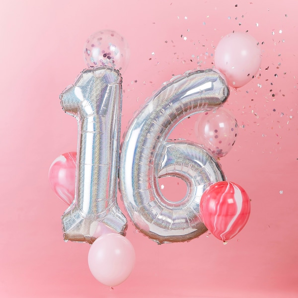 16th Birthday Balloon Bundle: Iridescent 16 balloon, age 16 foil balloon, pink marble balloons, confetti balloons, iridescent balloon