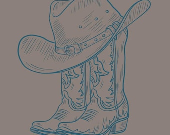 May include: A planner cover design featuring a cowboy hat and boots in a blue line drawing style. The words "THE MOM PLANNER 2026" are printed in black. The background is a solid taupe color.
