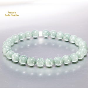 Natural Burmese Green Jade Bracelet 7.6mm Beads Sterling Silver Accent 7.5” Handcrafted Jewelry Gift
