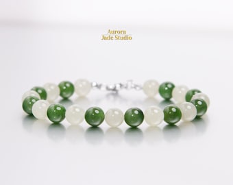 Genuine Nephrite Jade Bracelet, Green Creamy White 8mm Beads, Stainless Steel Clasp
