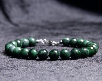 Type A Burmese Jadeite Bracelet, 8mm Deep Green Jade, Sterling Silver Clasp