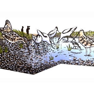 Biglietto ritagliato a fisarmonica Wading Birds - biglietto di auguri, trampolieri, birdwatching, Suffolk