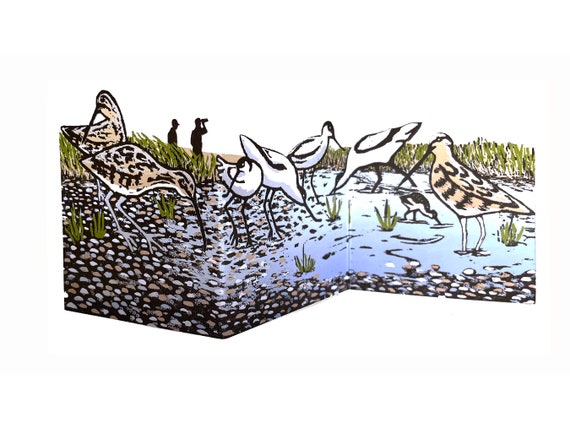 Wading Birds concertina cut-out card - greetings card, bird watching, avocets, snipes, Suffolk