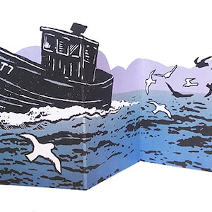Tarjeta recortable en forma de concertina con barco de pesca y gaviotas - tarjeta de felicitación, barcos, mar, pesca