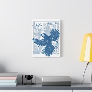 Blue Bird Canvas Art: Boho Floral Print, Nature Lover Gift