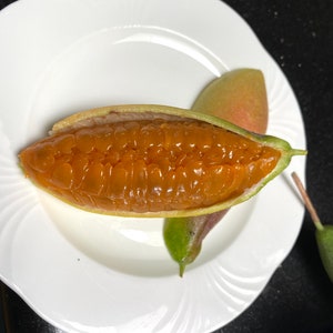 May include: A halved, open fruit with a vibrant orange interior, presented on a white plate. The fruit's outer shell is green and partially peeled back, revealing the juicy, segmented flesh. Two whole fruits are also visible.