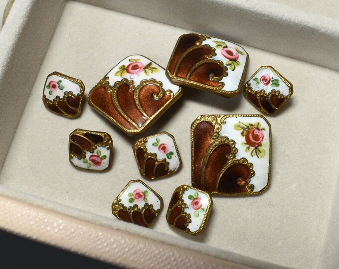Antique Enamel Buttons, Set of 9 Art Nouveau Square Champleve Buttons ...