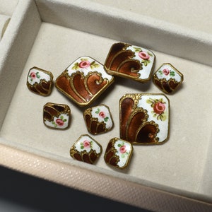 Antique Enamel Buttons, Set of 9 Art Nouveau Square Champleve Buttons, Brown Wave Design, Pink Hand Painted Roses, Superb Condition!