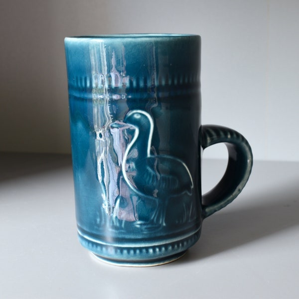 Prinknash Pottery Mug, Blue Ceramic Sgraffito Duck Goose Bird Mug, Shiny Glaze Ceramic Mug, Scored Pattern Bands, WildFowl Trust - 11cm High