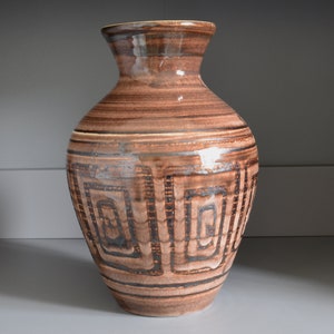 Vintage Cinque Ports Pottery Vase, Brown Geometric Glaze, 1960s (24cm)
