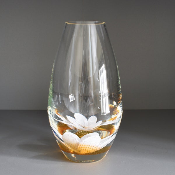 Caithness art glass vase. Clear cased glass, white suspended flowers over an orange base. Tranquility range c1990s, stunning and rare - 7"