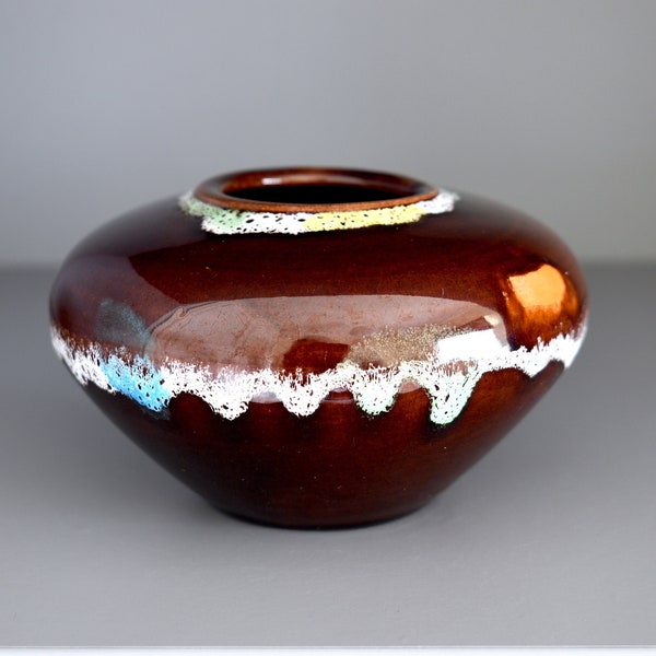 Fohr Keramik Vase Shape 340 7, Shiny Brown Glaze, Bands of Lava, West German Pottery, c1970s - 7cm High