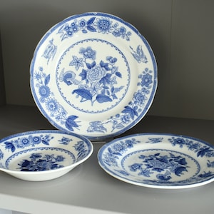 Copeland Late Spode Heron Pattern Blue Transferware, Plates & Dish, Canadian Pacific Design, c1930s - Three Pieces Available