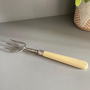 Könnte beinhalten: Eine Vintage-Serviergabel mit drei Zinken und einem cremefarbenen Griff. Die Metallzinken und der dekorative Metallkragen bilden einen Kontrast zum Griff. Die Gabel wird wahrscheinlich zum Servieren von Speisen verwendet.