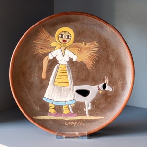 Greek Pottery Wall Plate, Paros Greece, Decorated by Hand, Unusual Stylised Rural Traditional Scene, Enamel Glaze,  c. 1980s  - 8.75&quot;
