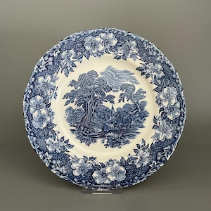 Enoch Wedgwood tea / side plate in the Woodland pattern, blue transferware plate with scalloped rim and floral border, c1965-1980 - 6 3/4"