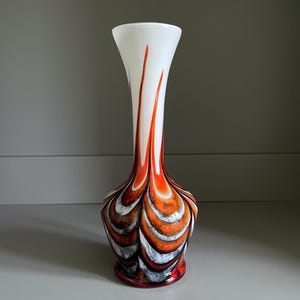 Italian Empoli marbled glass vase in white, orange & black, made by Vetreria Barbieri glassworks, V.B. Opaline Florence, c.1970s - 10&quot; tall