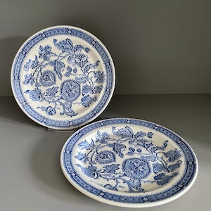 May include: Two round ceramic plates featuring a white base with a detailed blue floral and botanical pattern. The design includes intricate leaves, blossoms, and scrolling vines across the centre, framed by a geometric border along the rim.