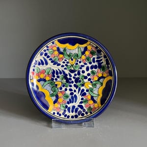 Könnte beinhalten: Ein runder Keramikteller mit einem lebendigen, handbemalten Muster und einem tiefblauen Rand. Das Design zeigt komplexe florale Motive in Gelb, Grün und Pink auf weißem Grund, ergänzt durch blaue Punkte und geschwungene blaue Akzente.