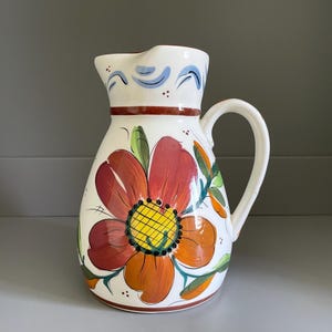 Spanish Pottery Pitcher Sangria Jug, Hand-Painted Floral Decoration (8.25")