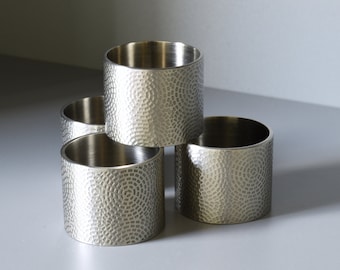 Set of Four Metal Napkins Rings, Stainless Steel Napkin Holders, Engraved All-Over Pattern Geometric Circles Dashes