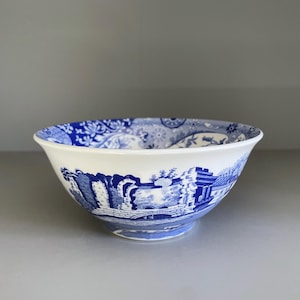 以下が含まれることがあります： 詳細な風景デザインが施された白と青のセラミックボウル。ボウルは、外側に花柄と風景のイラストが施された青い縁が特徴です。ボウルはおそらく食べ物を提供するものです。