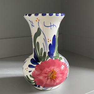 Large Spanish Pottery Floral Vase, Red, Blue & Green Floral Decor (7.5")