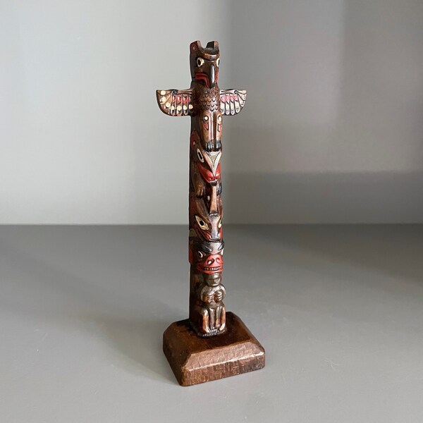 Hand-painted Boma totem featuring a thunderbird and bear. Made in Canada - 15.25cm