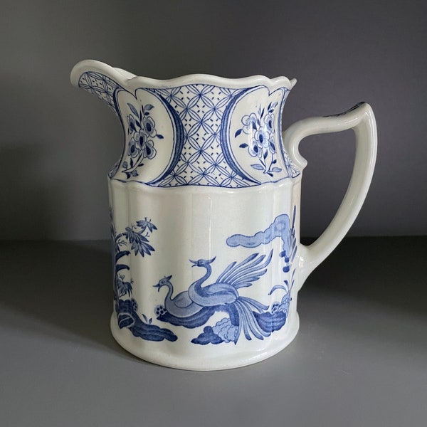 Stunning Furnivals Old Chelsea large water jug / pitcher with panelled body and scalloped rim decorated with birds, flowers & foliage - 6.5"