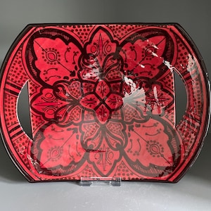 Moroccan pottery curved dish / hanging plate, bold red & black geometric decor (28.5cm)