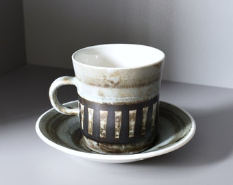 Cinque Ports Pottery Cup & Saucer, Mid-Century Design, Black Grey Lines Bands Stripes, The Monastery Rye - 150ml