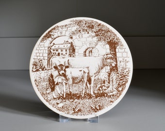 Jersey Pottery Coaster, Teapot Stand, Trivet, Hand Screen Printed, Jersey Cows Mother & Calf, Cork Backed Large Coaster - 6"