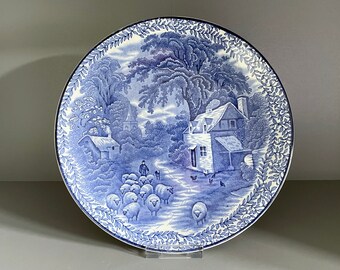 Antique James Kent Ye Olde Foley Ware wall plate, blue transfer ware pastoral scene with farmer driving sheep, c 1910s - 9.5"