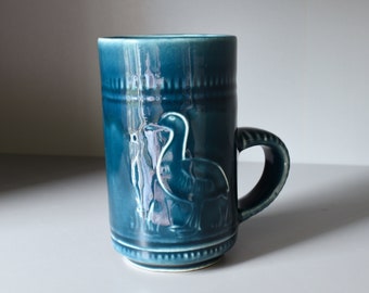 Prinknash Pottery Mug, Blue Ceramic Sgraffito Duck Goose Bird Mug, Shiny Glaze Ceramic Mug, Scored Pattern Bands, WildFowl Trust - 11cm High