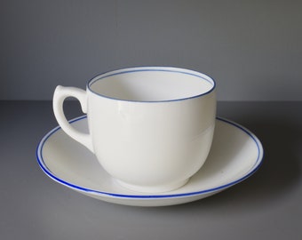 Shelley cup & saucer in the Carlton shape, an elegant simple design in plain white with fine blue bands, c1930s - 200ml