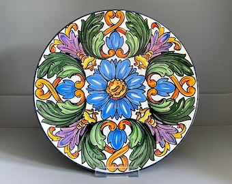 Extra large Spanish pottery hanging plate, brightly coloured floral kaleidoscope pattern, statement hanging plate, Mediterranean decor - 12"