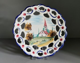 Portuguese pottery wall plate, hand-painted rural scene with church, small openwork hanging plate - 7.5"