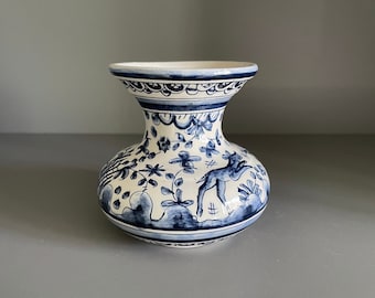 Portuguese pottery posy vase, hand-painted and decorated in a pattern inspired by 17th century ceramics, marked SEC XVII - 9.5cm high