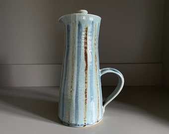 Arch Pottery St Ives coffee pot, MCM Cornish studio pottery, decorated with vertical stripes by Anthony Richards, c 1955-1966 - 9.5"
