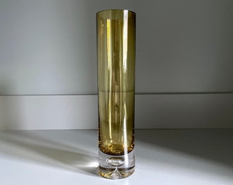 Vintage amber glass vase, tall cylindrical stem vase with controlled bubble in clear base, c 1970s, retro decor - 23cm tall