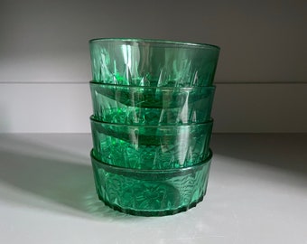 Arcoroc France set of 4 clear emerald green glass fruit dishes, diamond pattern, vintage French small glass serving bowls, c 1970s-1980s