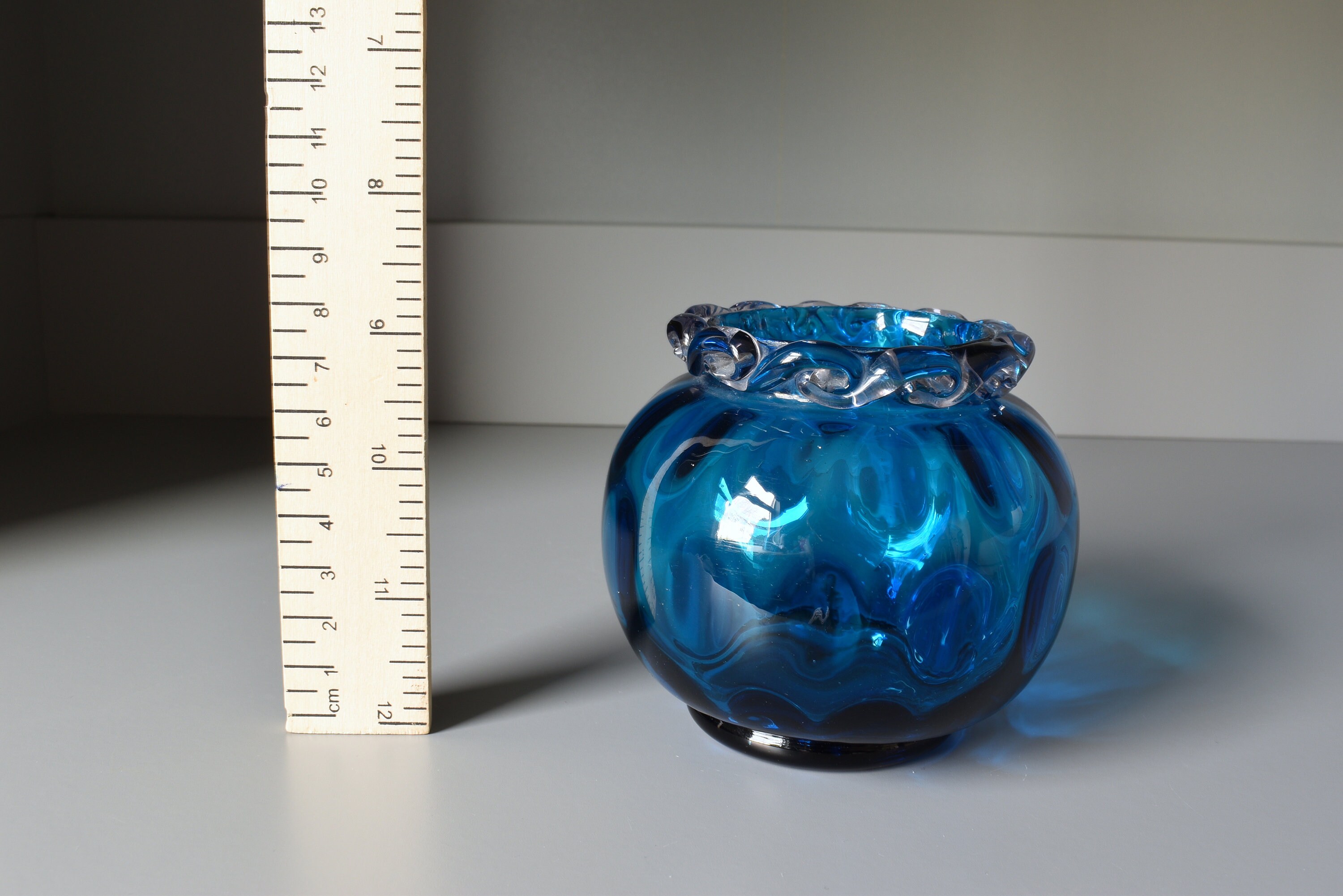 Blue Art Glass Optic Posy Vase Applied Clear Wavy Rim Hand Etsy