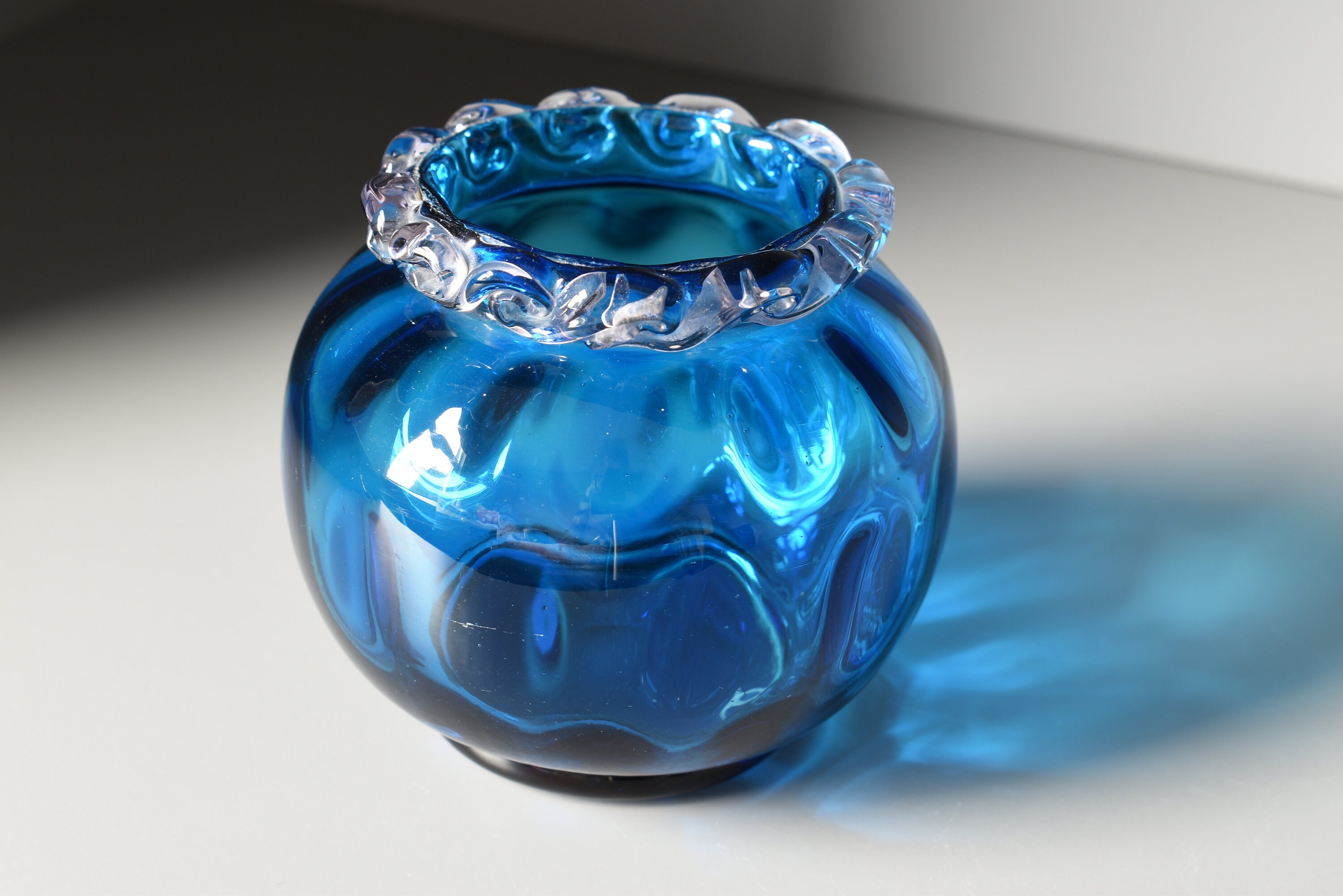 Blue Art Glass Optic Posy Vase Applied Clear Wavy Rim Hand Etsy