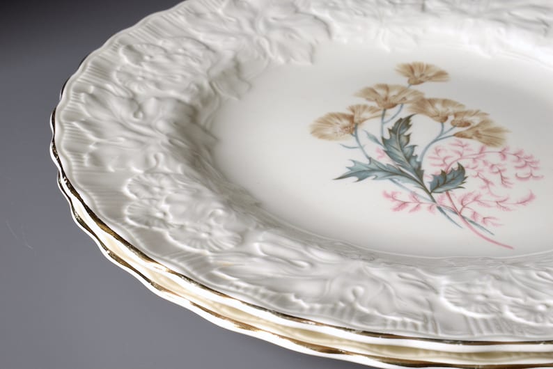 Alfred Meakin Ironstone Plates, White Embossed Scalloped Edge Dinner Plates, Dried Thistle Heads